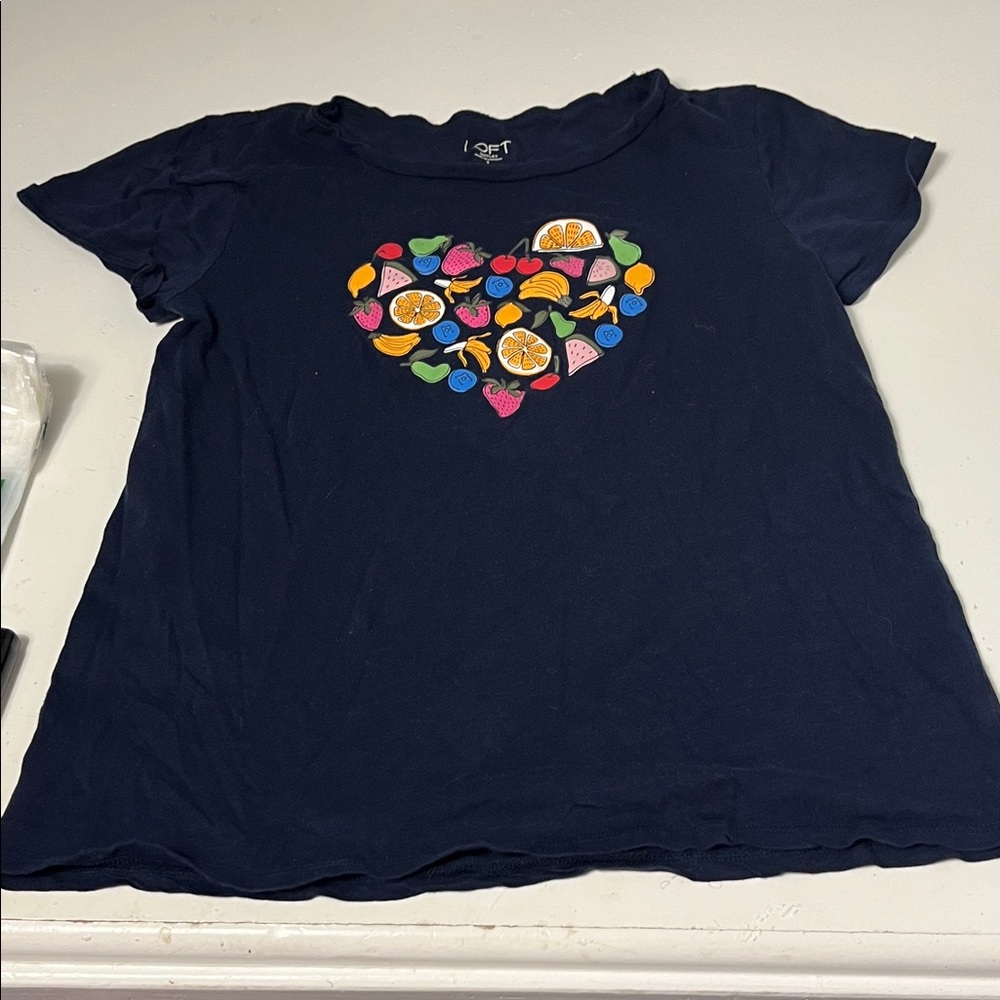 Loft Small Navy Blue Short Sleeve Fruit Heart Shaped Graphic T Shirt